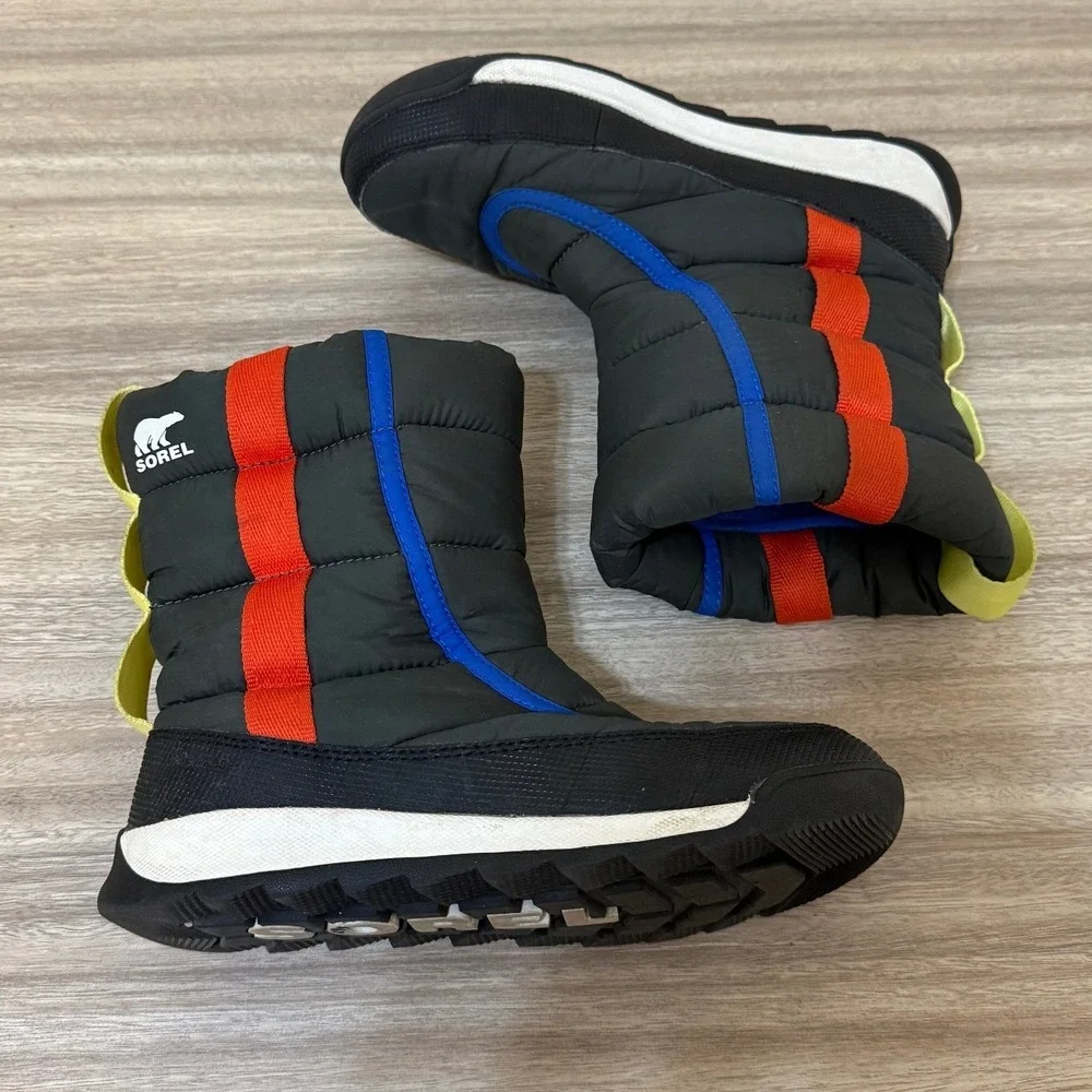 Sorel Kid Whitney II Puffy Mid Boots 3 Black Multi Colorblock Snow NY3873 Winter
